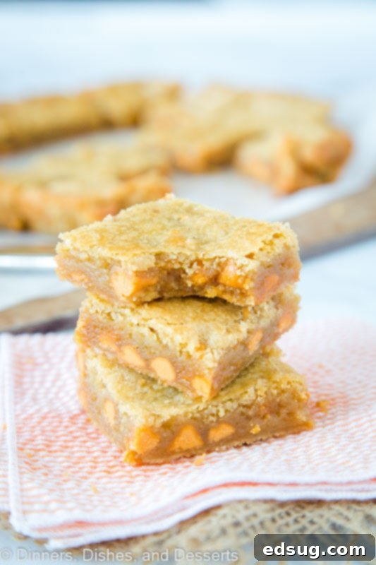 Golden Butterscotch Blondies 2 Buttery blonde brownies loaded with butterscotch chips, glistening and inviting.