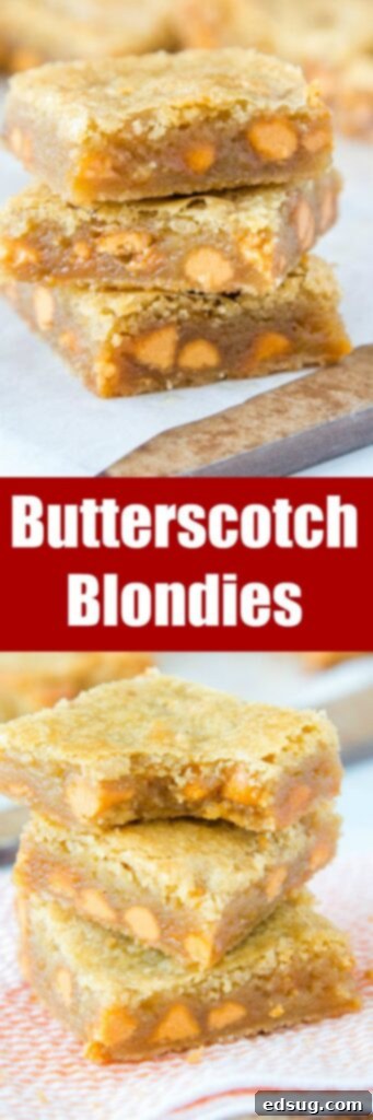 Golden Butterscotch Blondies 5 Close-up of a Butterscotch Blondie square, revealing its soft, chewy texture and abundant butterscotch chips within.