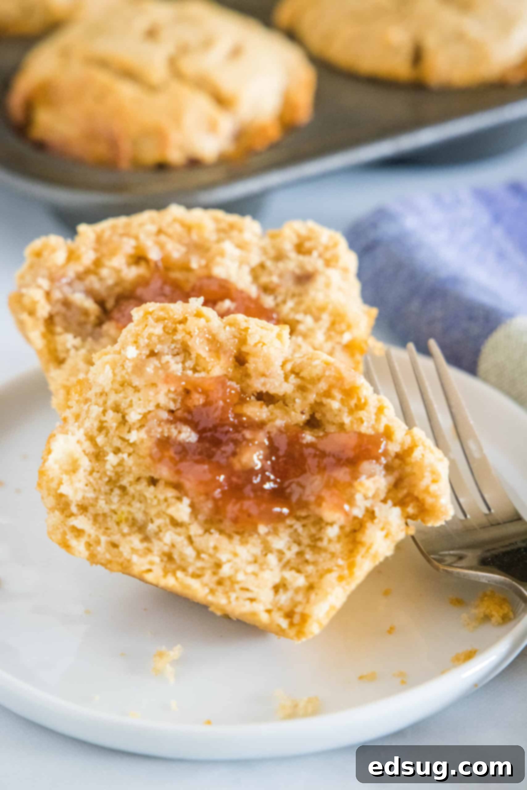 Peanut Butter and Jelly Swirl Muffins 2 Peanut butter and jelly muffin cut in half on a plate, revealing the jelly filling
