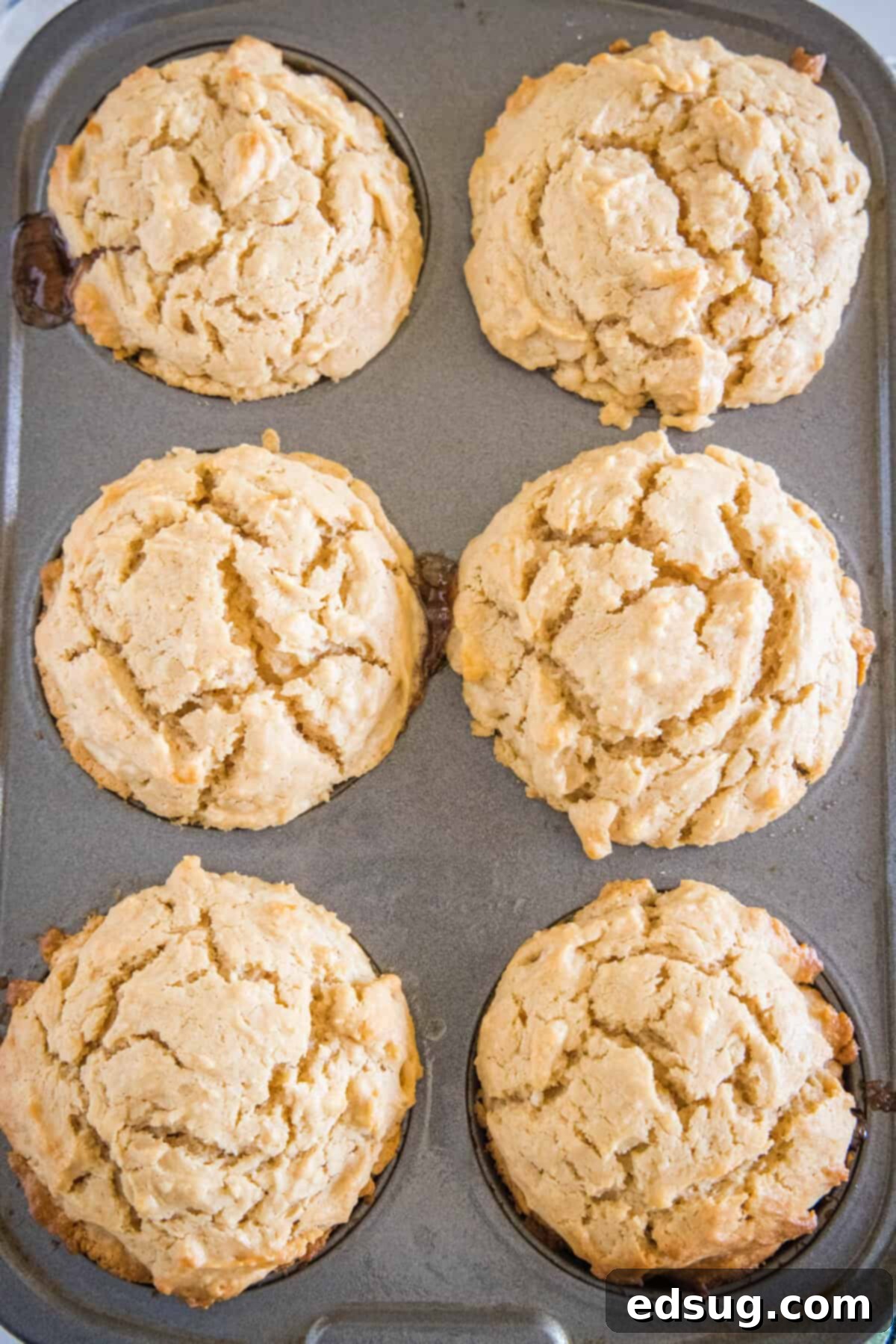 Peanut Butter and Jelly Swirl Muffins 5 Freshly baked peanut butter muffins cooling in a muffin tin