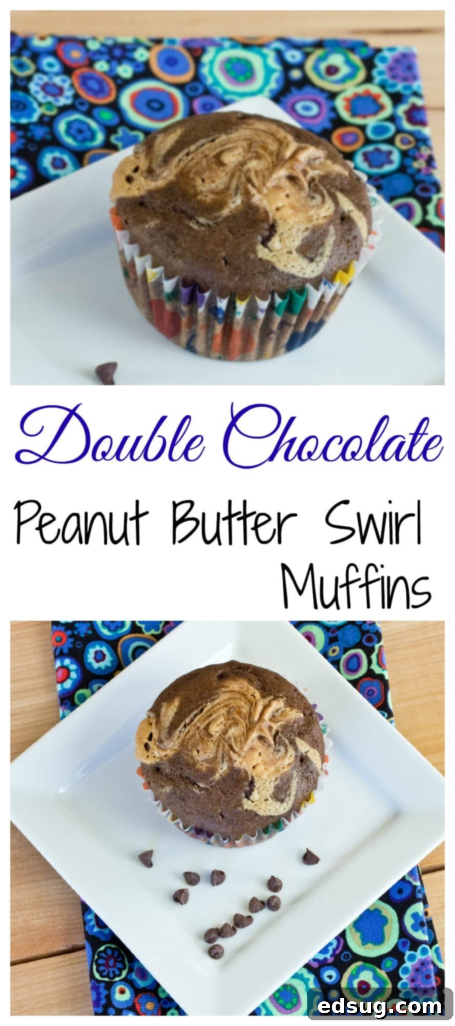 Soft and tender Double Chocolate Muffins, with a swirl of peanut butter on top!