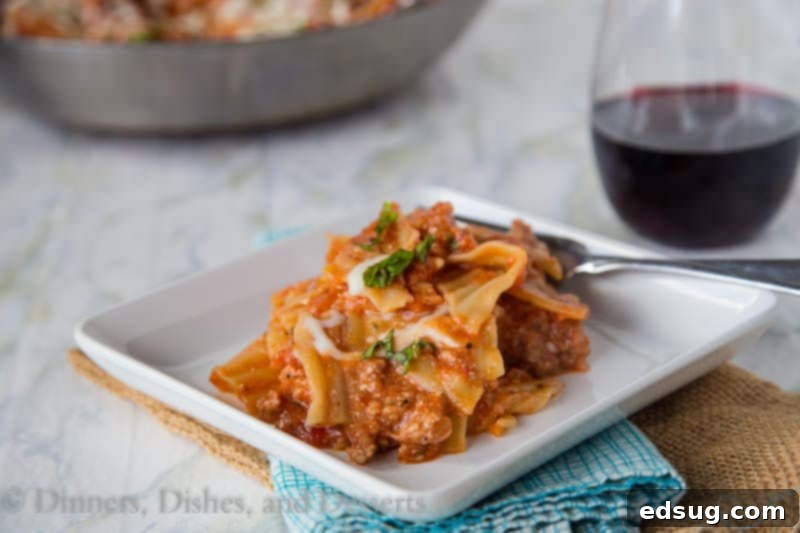 Hearty Portion of Easy Weeknight Skillet Lasagna on a Plate