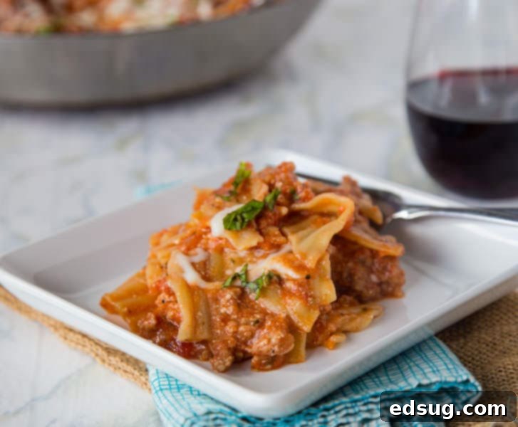 Close-up of Skillet Lasagna with Melted Cheese