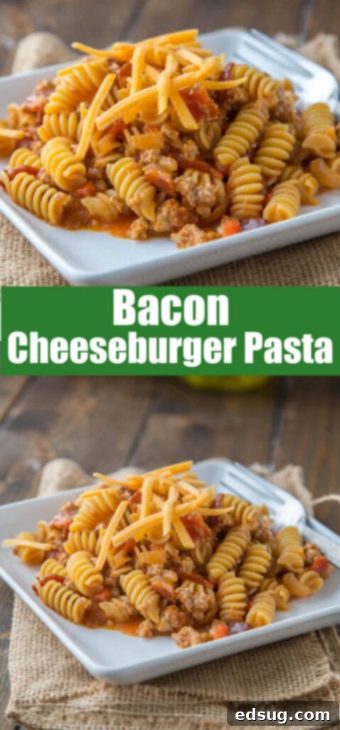 Skillet Bacon Cheeseburger Mac 2 Close-up of Bacon Cheeseburger Pasta on a plate, with a fork, showing the creamy texture, melted cheese, and ground beef. Garnished with fresh parsley.