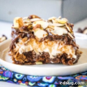 Ultimate Almond Joy Brownies 7 close up almond joy brownie on a white plate