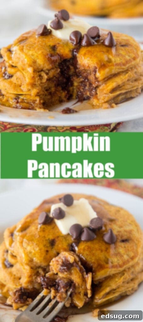 Irresistible Chocolate Chip Pumpkin Pancakes 2 Close-up collage of fluffy pumpkin pancakes with chocolate chips and maple syrup