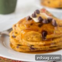 Irresistible Chocolate Chip Pumpkin Pancakes 3 Pumpkin Chocolate Chip Pancakes - super light and fluffy pumpkin pancakes full with lots of chocolate chips and topped with maple syrup.