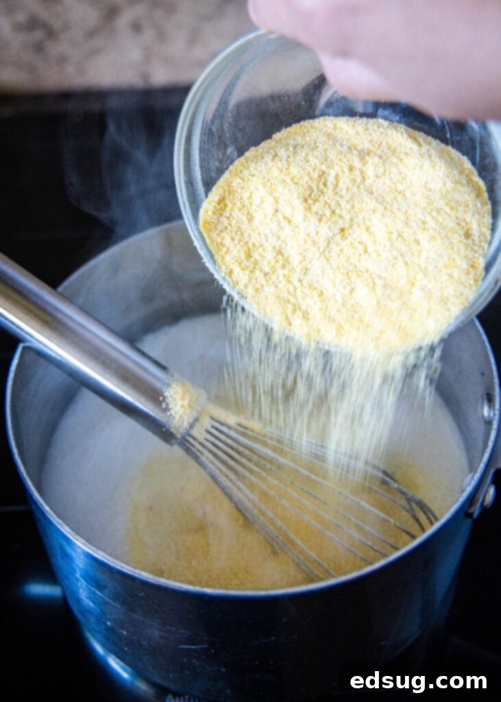 adding polenta to a pot of simmering milk
