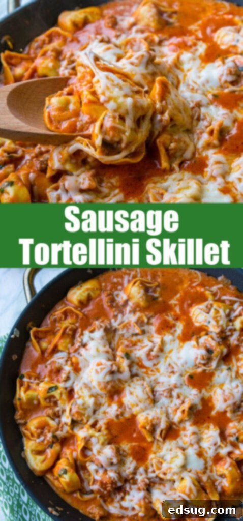 Hearty Sausage Tortellini Skillet 2 Close-up of a serving of cheesy Sausage Tortellini Skillet with fresh basil garnish.