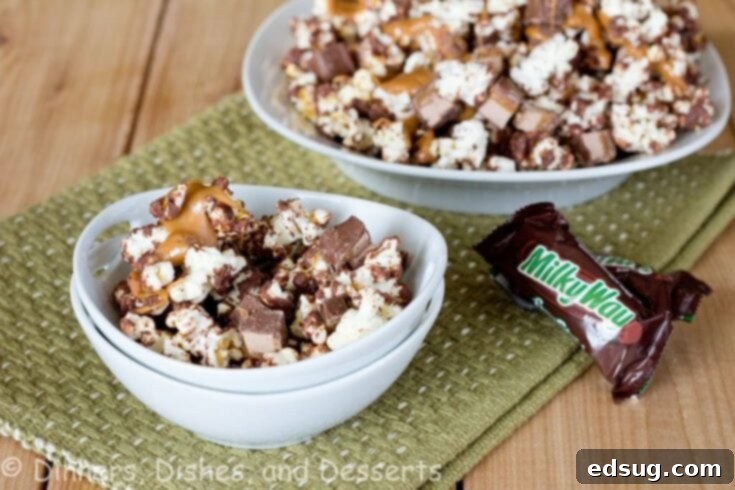 Milky Way Popcorn in white bowl with green placemat