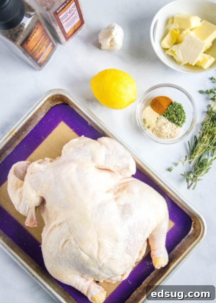 Easy Juicy Roast Chicken 2 Ingredients for roasting a whole chicken, including butter, herbs, lemon, and spices.