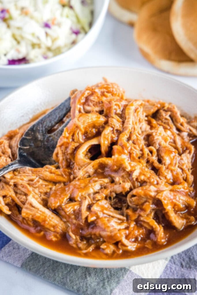 Close-up shot of barbecue pulled pork simmering in a white bowl, showing its tender texture and rich sauce.