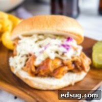 Close-up of a barbecue pulled pork and coleslaw sandwich on a toasted bun, ready for enjoyment.