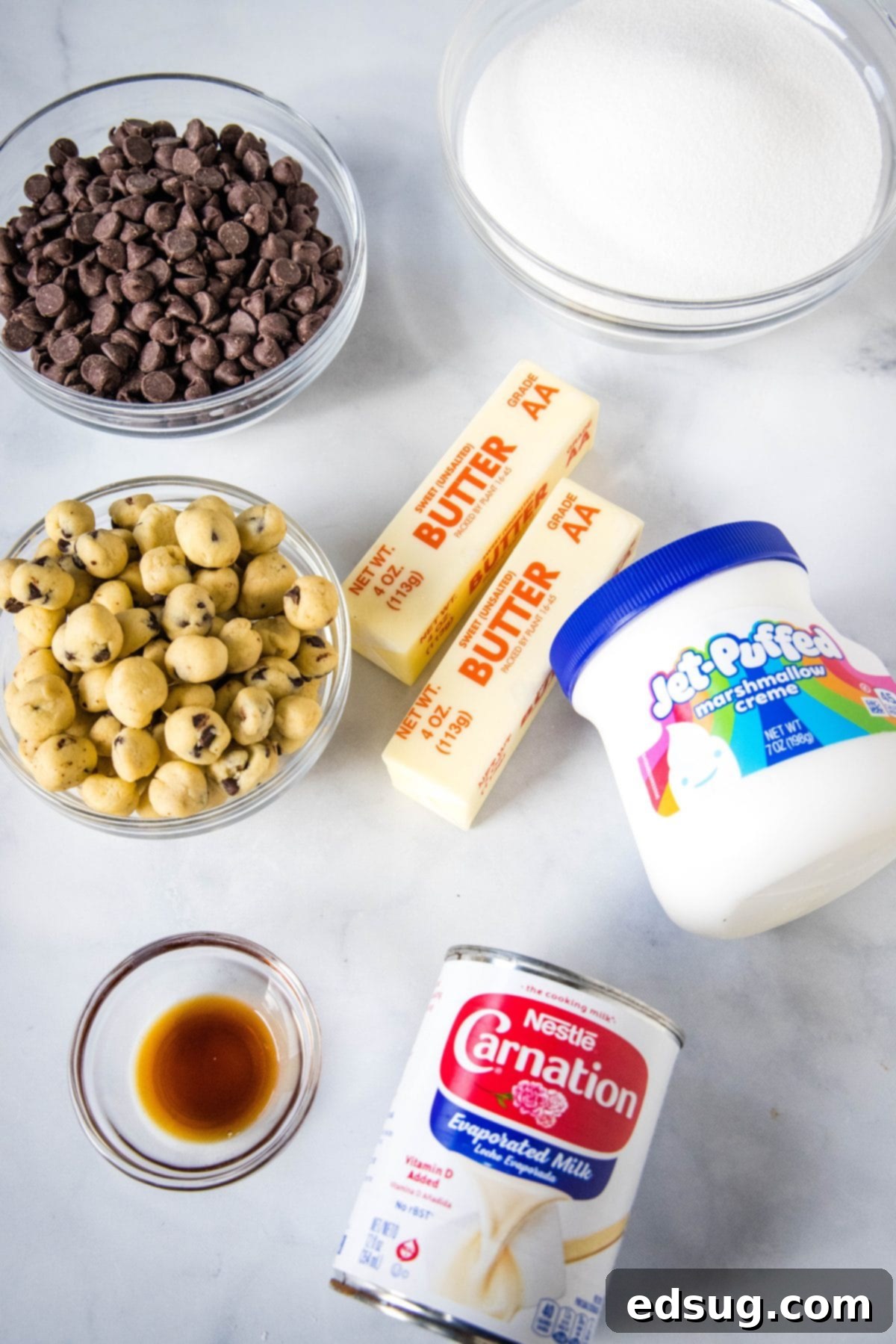 Cookie Dough Dream Fudge 3 All the ingredients for making cookie dough fudge laid out on a kitchen counter