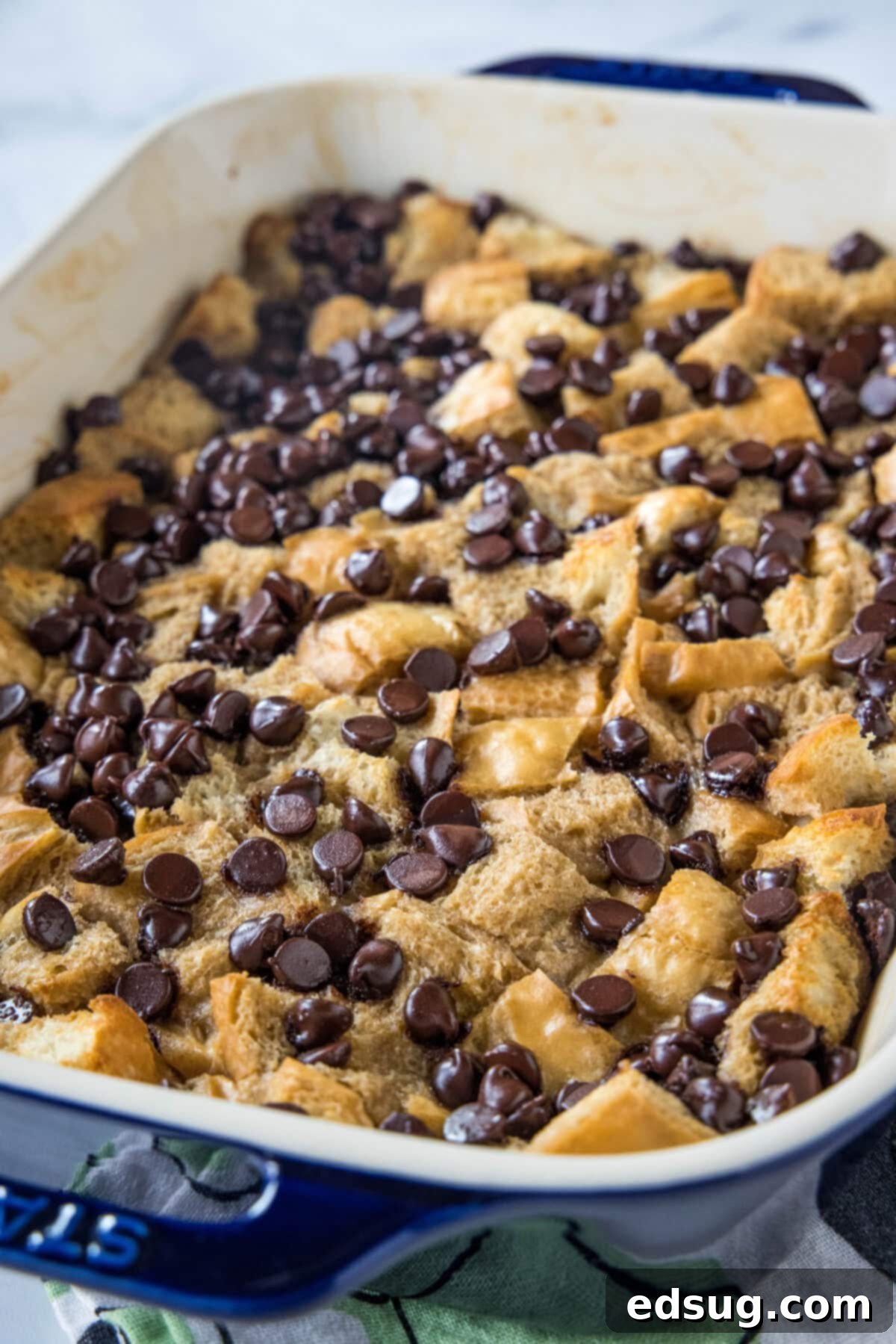 Decadent Chocolate French Toast Bake 5 baked chocolate french toast bake in serving dish