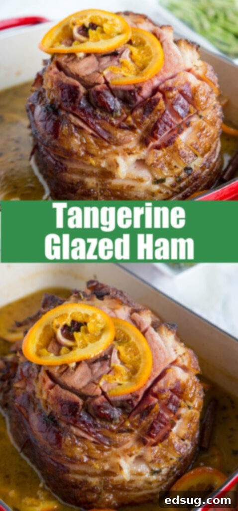 Baked ham in a casserole dish, garnished with fresh herbs