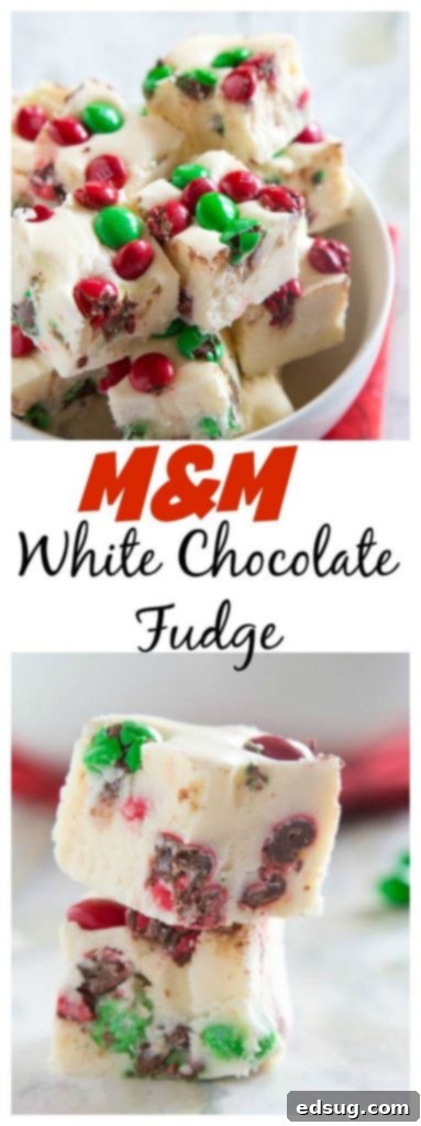 close up of white chocolate m&m fudge in a bowl