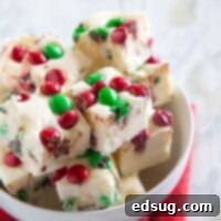 M&M White Chocolate Fudge - Easy sweet white chocolate fudge with lots of festive M&M's