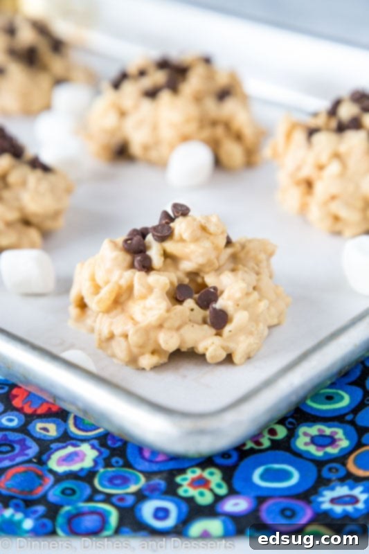 Effortless No-Bake Avalanche Treats 3 Easy no bake avalanche cookies. on baking sheet with chocolate chips and marshmallows