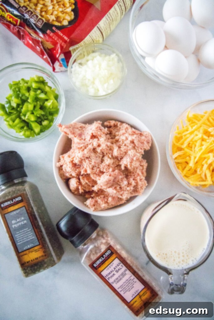 Ingredients for sausage egg casserole laid out on a kitchen counter