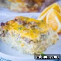 Close up of a slice of Sausage Breakfast Casserole on a plate