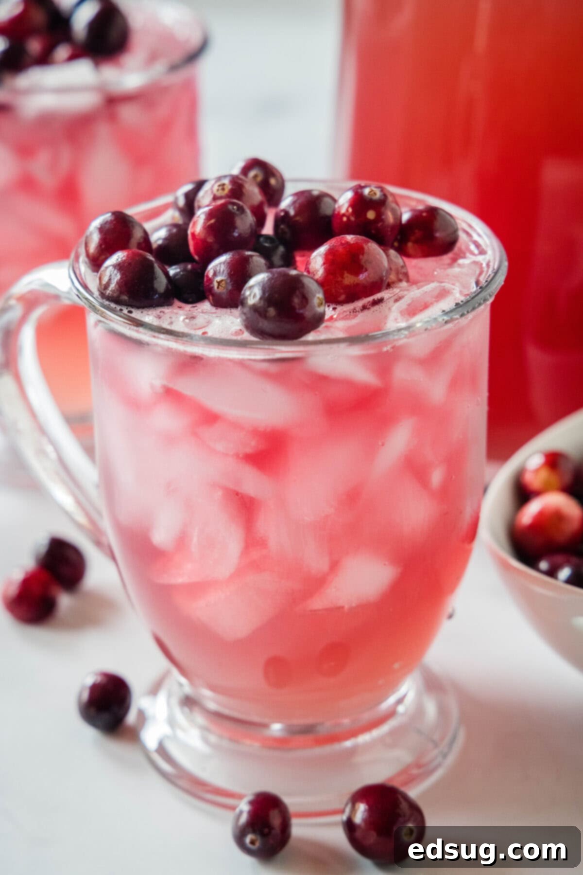 A glass of vibrant cranberry punch topped with fresh cranberries and a slice of orange, ready for a festive celebration.