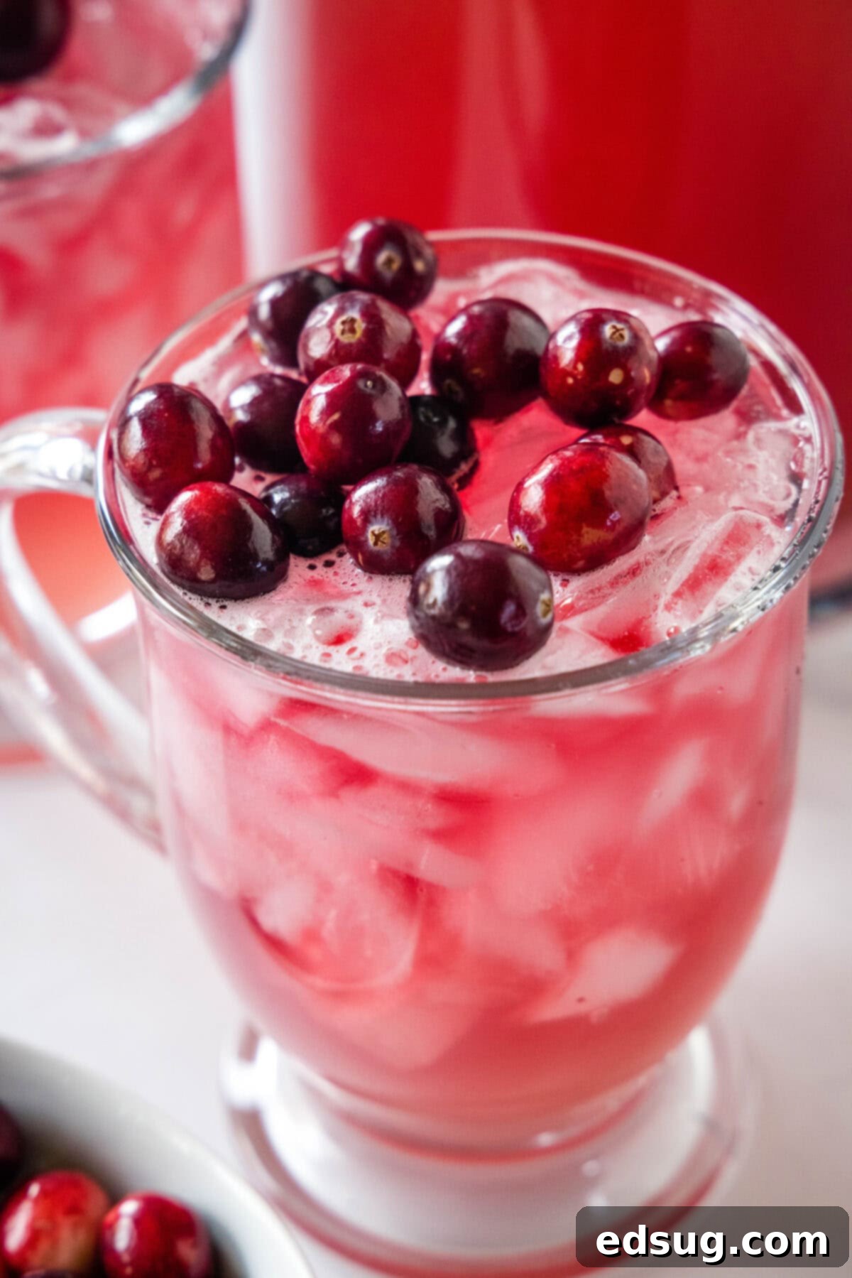 Close-up of cranberry punch in a glass, garnished with several fresh cranberries, ready for a party.