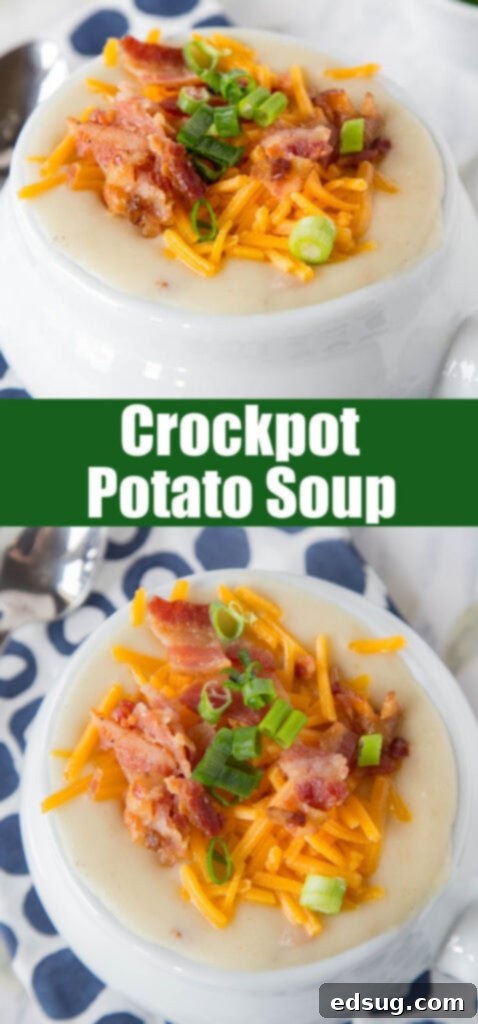 Comforting Slow Cooker Potato Soup 5 A bowl of creamy potato soup garnished with a swirl of cream and fresh chives, indicating a smooth texture.