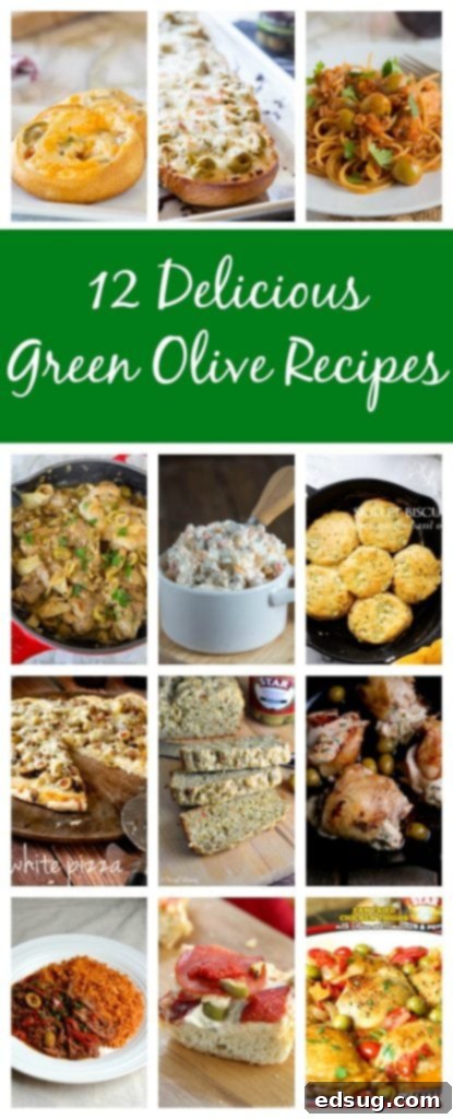 A vibrant collection of green olive recipes, showcasing various dishes like chicken, pasta, bread, and dips. A must-try for olive lovers.