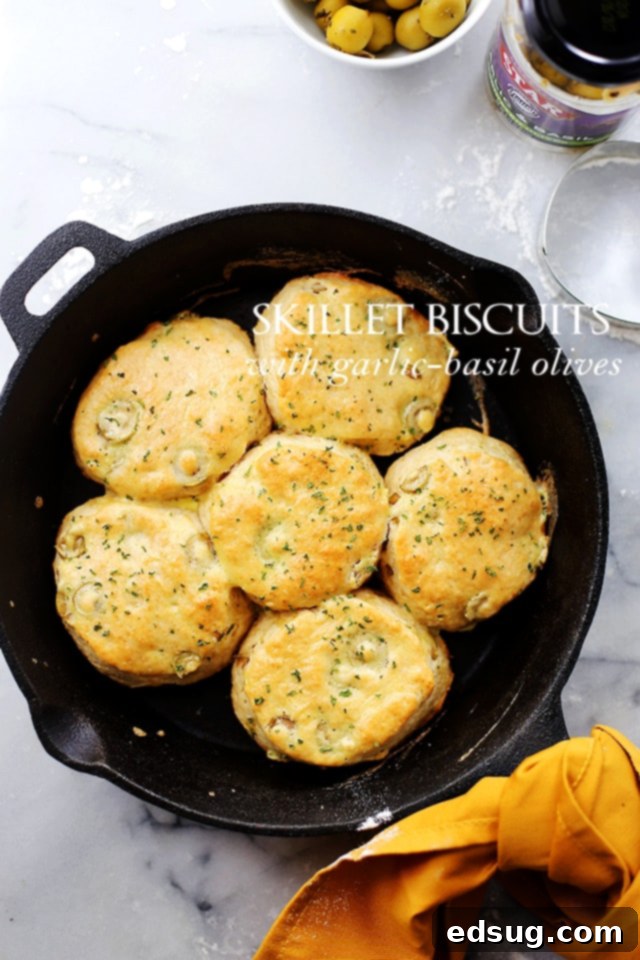 Fluffy Skillet Biscuits with Garlic Basil Olives, baked in a skillet and ready in 25 minutes.