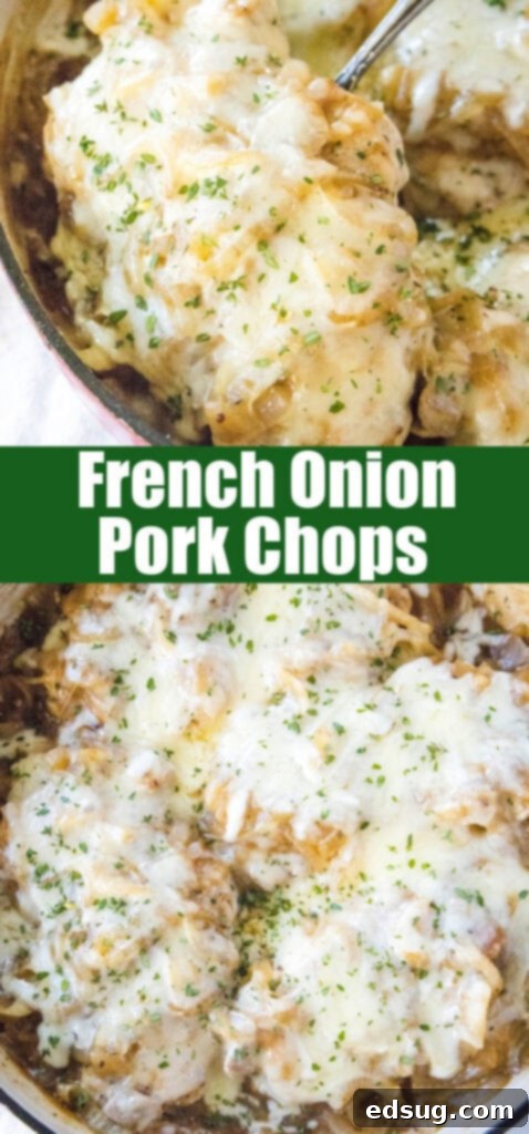 Caramelized French Onion Pork Chops 7 close up of French onion pork chops in a skillet, perfect for sharing on social media