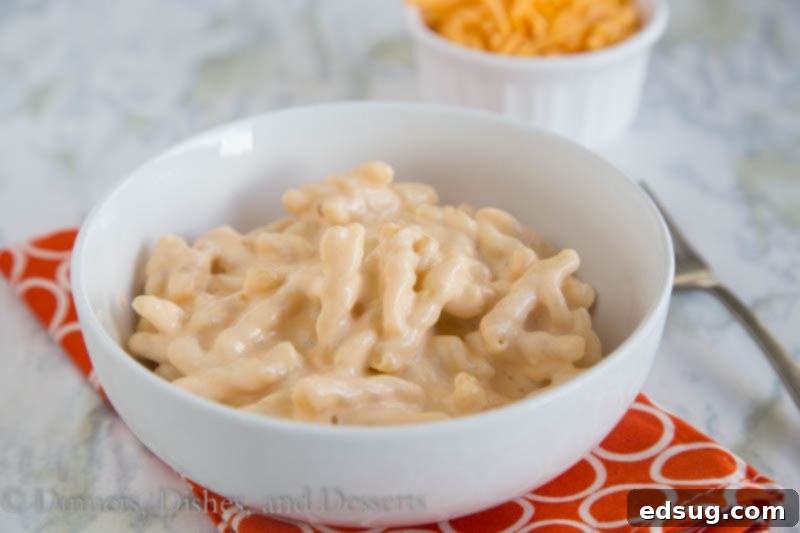 Creamy Slow Cooker Mac and Cheese 4 A close-up of a bowl of creamy slow cooker mac and cheese with melted cheese