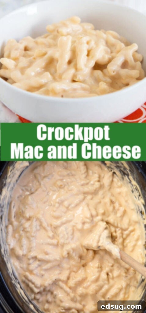 Creamy Slow Cooker Mac and Cheese 5 A close-up, top-down shot of gooey, cheesy mac and cheese made in the crockpot