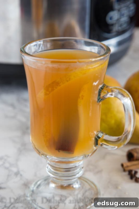 Spiced Pear Nectar 2 A steaming mug of spiced pear cider garnished with cinnamon sticks and pear slices, radiating warmth.