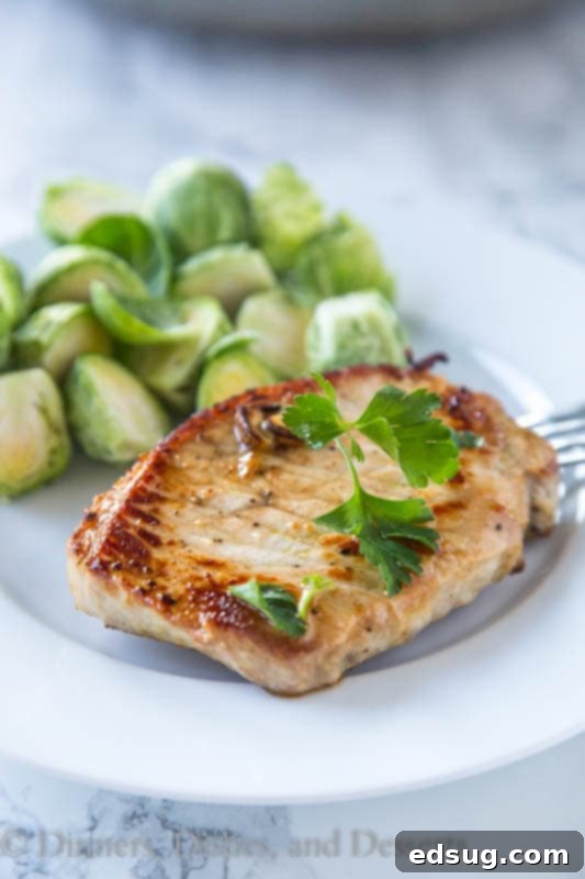 Savory Lemon Garlic Pork Chops 4 Plate of cooked lemon garlic pork chops with fresh lemon garnish