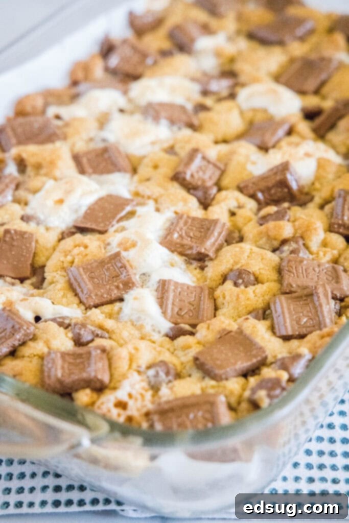 Baked S'mores Cookie Bars cooling in a 9x13 inch baking pan, golden brown with melted chocolate and marshmallows on top.