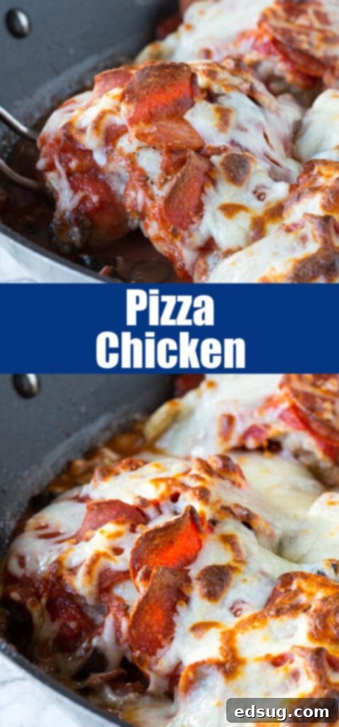 Close-up shot of the finished One Pan Pizza Chicken in a skillet, perfect for sharing on social media