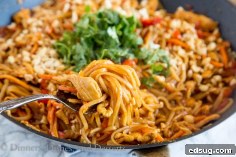 Fiery Thai Chicken Noodles 3 Overhead view of spicy Thai noodles with chicken simmering in a pan, showcasing colorful ingredients.