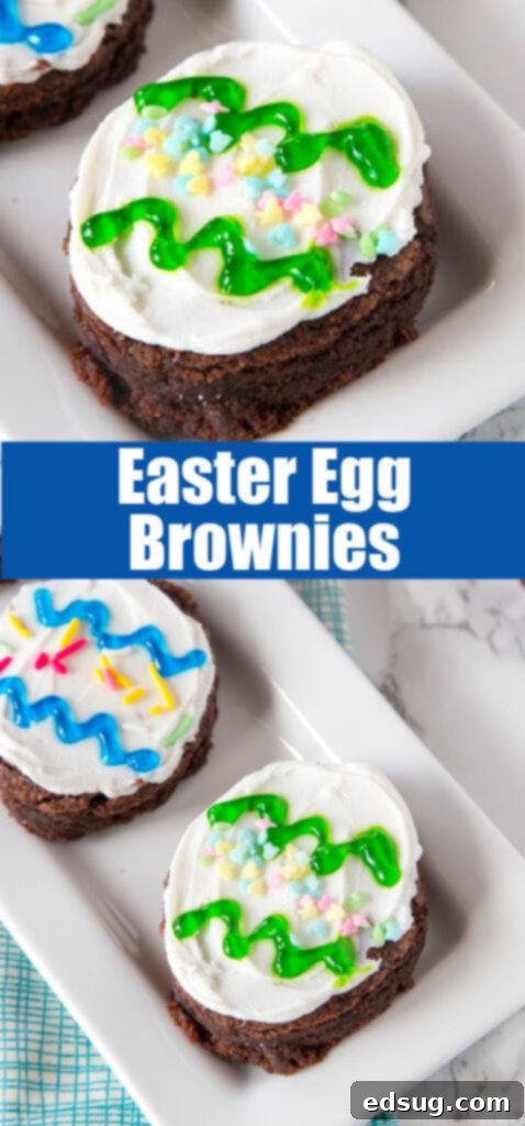 Close-up of a perfectly decorated Easter egg brownie, showing intricate frosting details and colorful sprinkles.