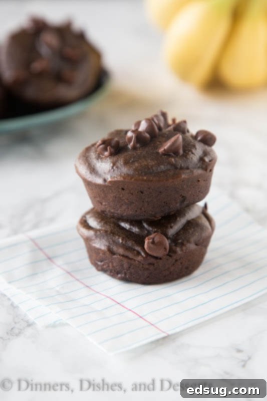 Effortless Chocolate Banana Oatmeal Muffins 2 chocolate muffins stacked sitting on top of a table