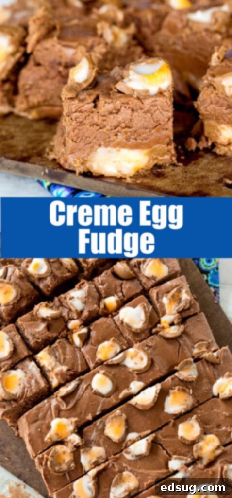 Close-up of a luscious chocolate fudge square with a whole Cadbury Creme Egg positioned artfully on top, highlighting the treat's festive appeal