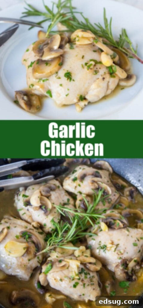 garlic chicken with rosemary and mushrooms close up for pinterest