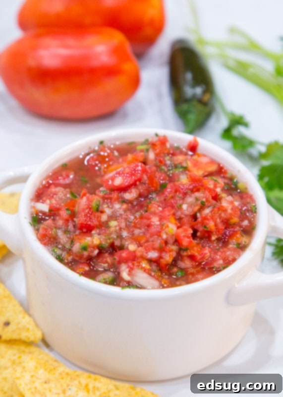 Zesty Homemade Salsa 3 homemade salsa in white bowl with chips