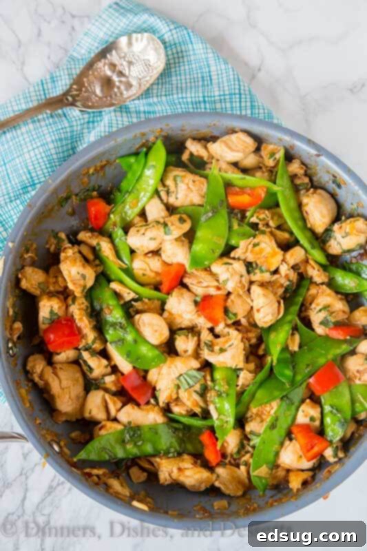 Fiery Basil Chicken 2 A vibrant pan of spicy basil chicken stir-fry with colorful bell peppers and snow peas, ready to be served over rice.