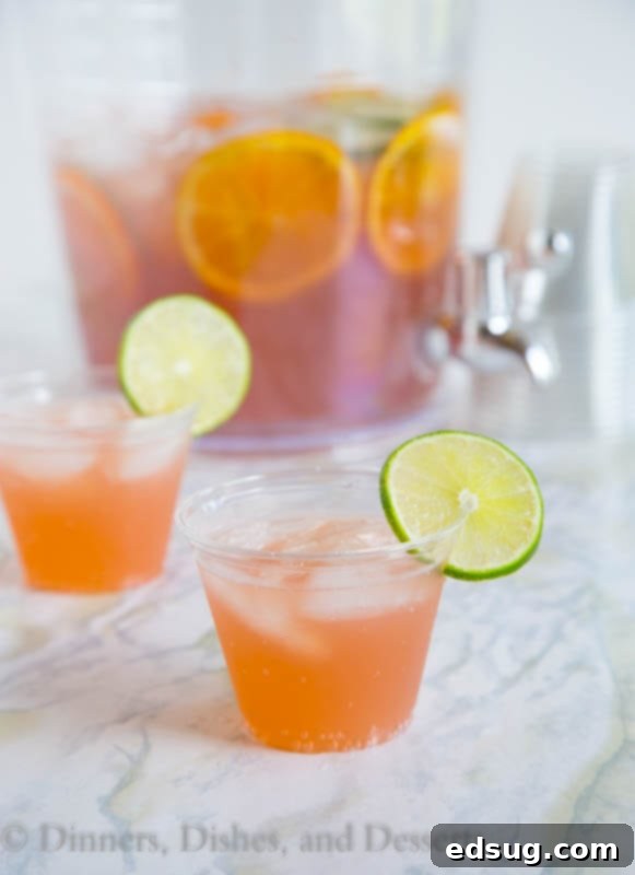 The Party Starter 2 Vibrant pink party punch in a clear punch bowl with citrus slices, ready for serving at a festive gathering.