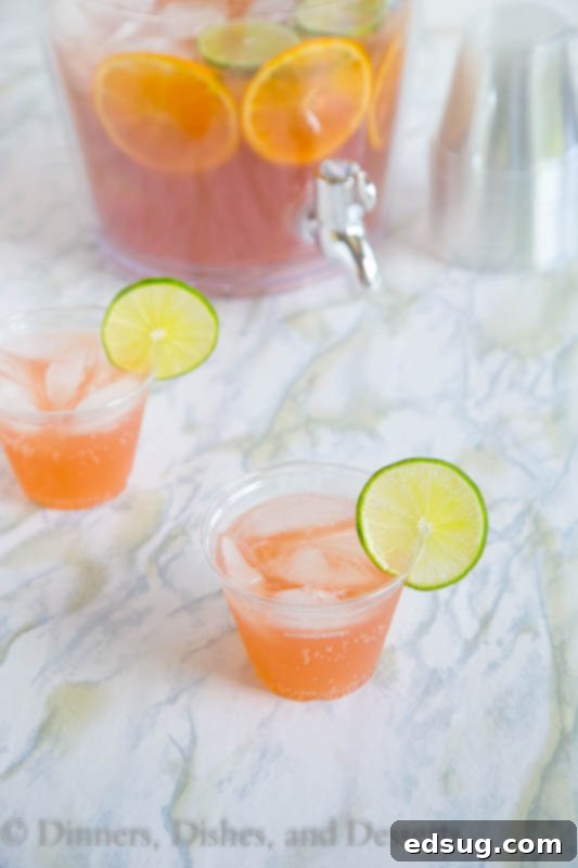 The Party Starter 4 Individual glass of Party Punch garnished with a lime slice, ready to be enjoyed at a festive event.