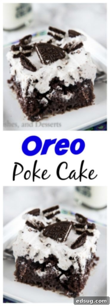 Full Oreo Poke Cake with one slice removed, showing the cake's interior with condensed milk seeping into the holes.