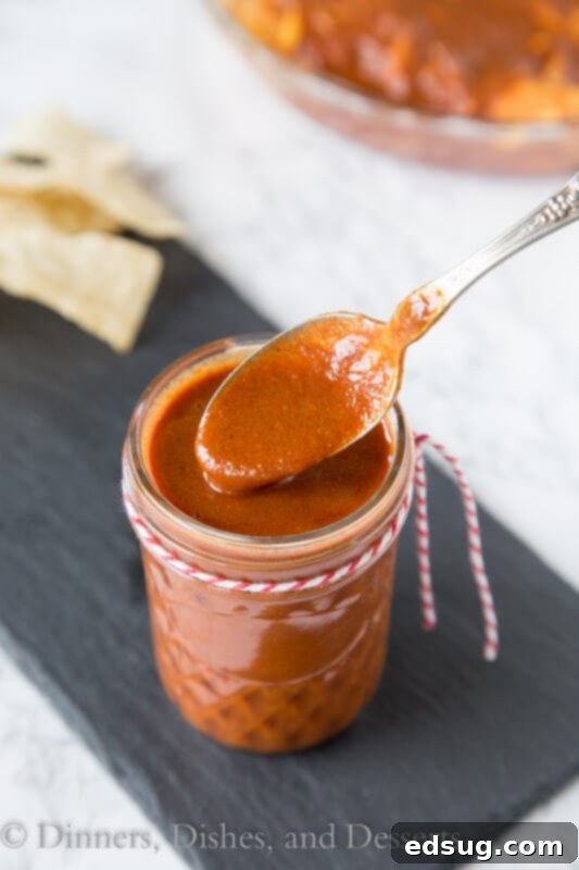 Perfect Homemade Enchilada Sauce 4 A ladle serving the freshly made homemade enchilada sauce from a pot