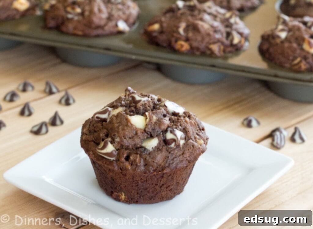 Moist and tender Chocolate Banana White Chocolate Chip Muffins on a plate, ready to be enjoyed.