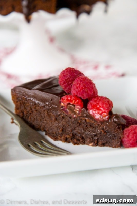 A perfectly sliced piece of Flourless Nutella Cake on a white plate, showcasing its dense, rich texture.